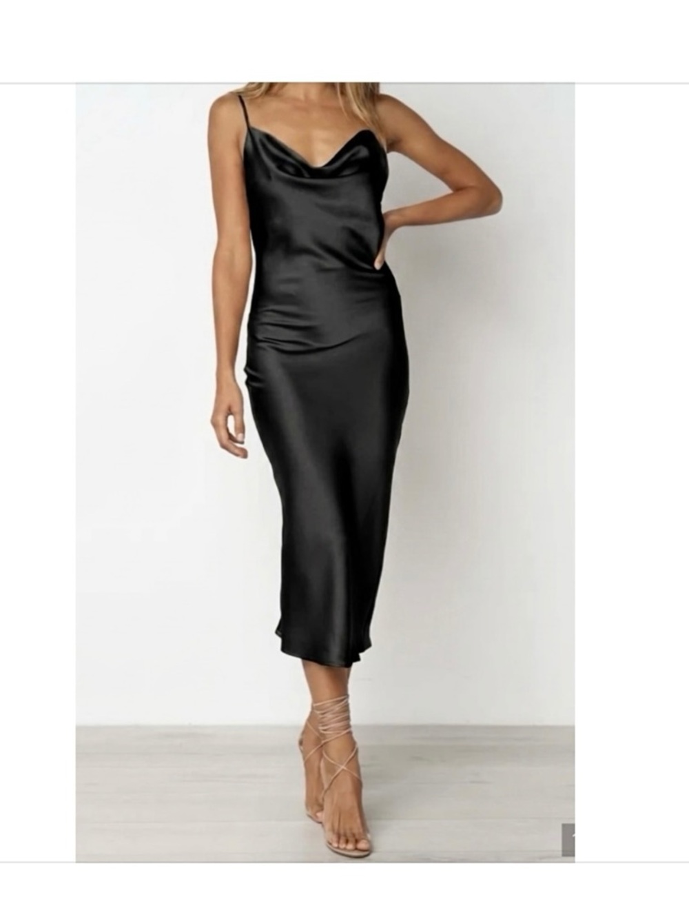 Petal & Pup Persia Satin Cowl Neck Midi Sleath Slip Dress Black Size 14